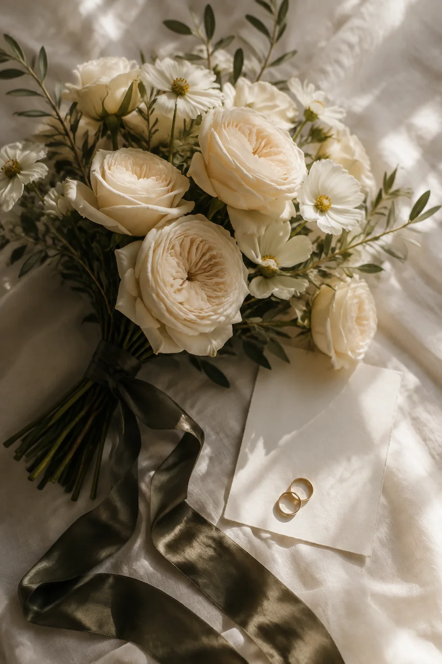 Garden roses, silk ribbon and wedding bands, thoughtfully arranged